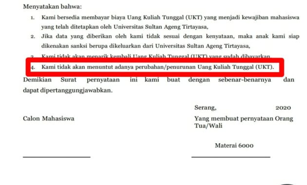 Salah satu poin bermasalah pada pakta integritas UKT Untirta